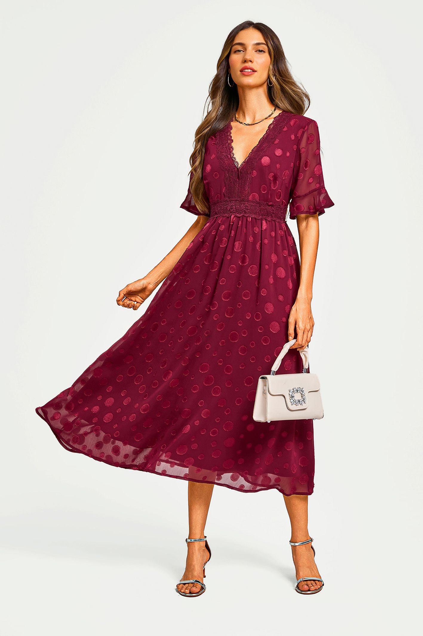 FS Collection Polka Dot Jacquard Lace Trim V Neck Midi Dress In Wine