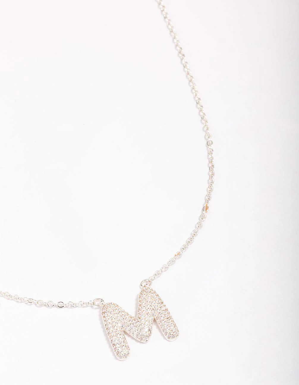 Silver Plated Letter M Pave Pendant  Necklace