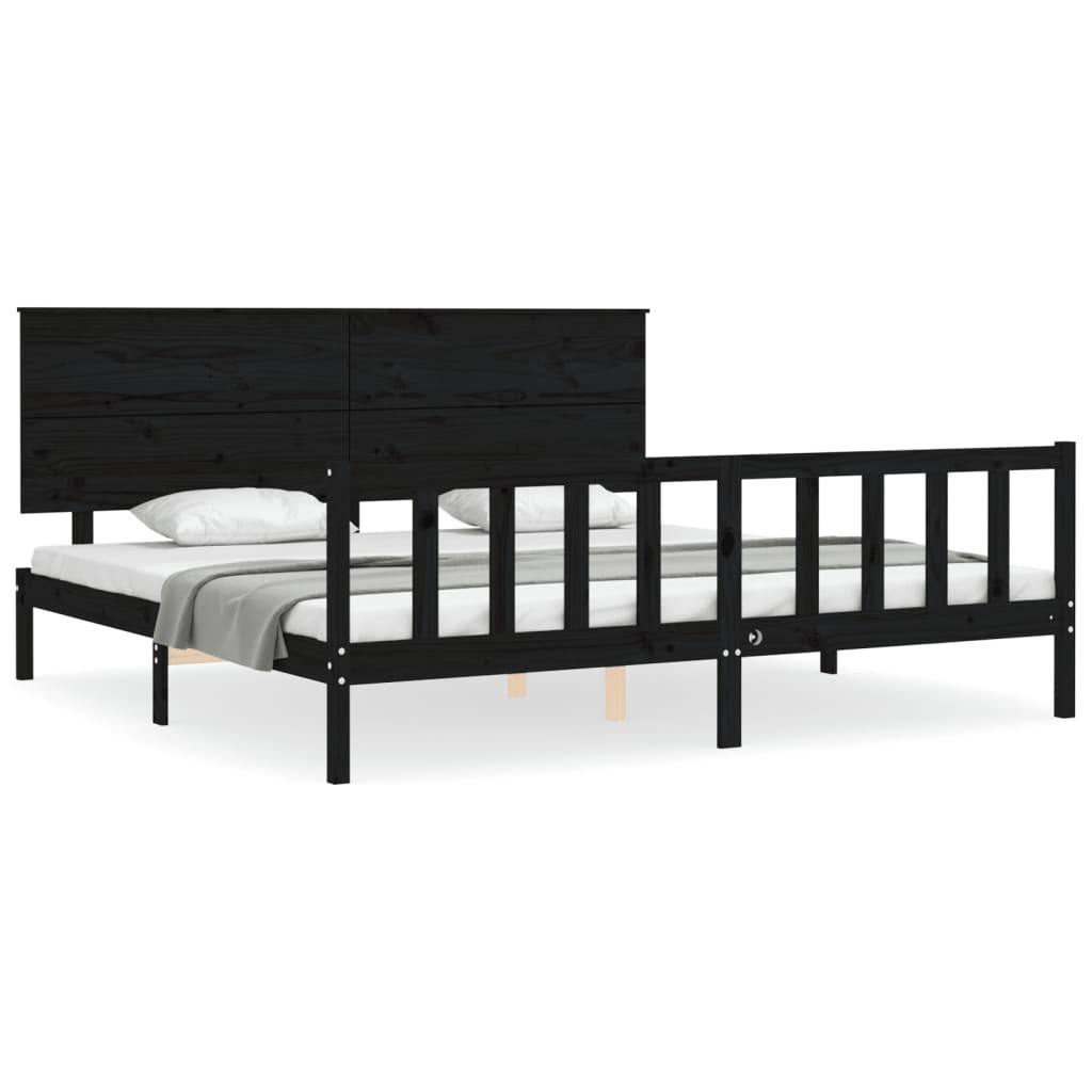 Rama łóżka z wezgłowiem czarna 200x200 cm lite drewno