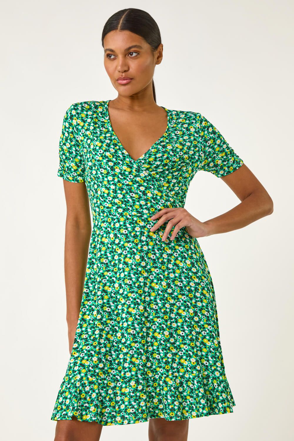 Roman Ditsy Floral Wrap Frill Stretch Dress