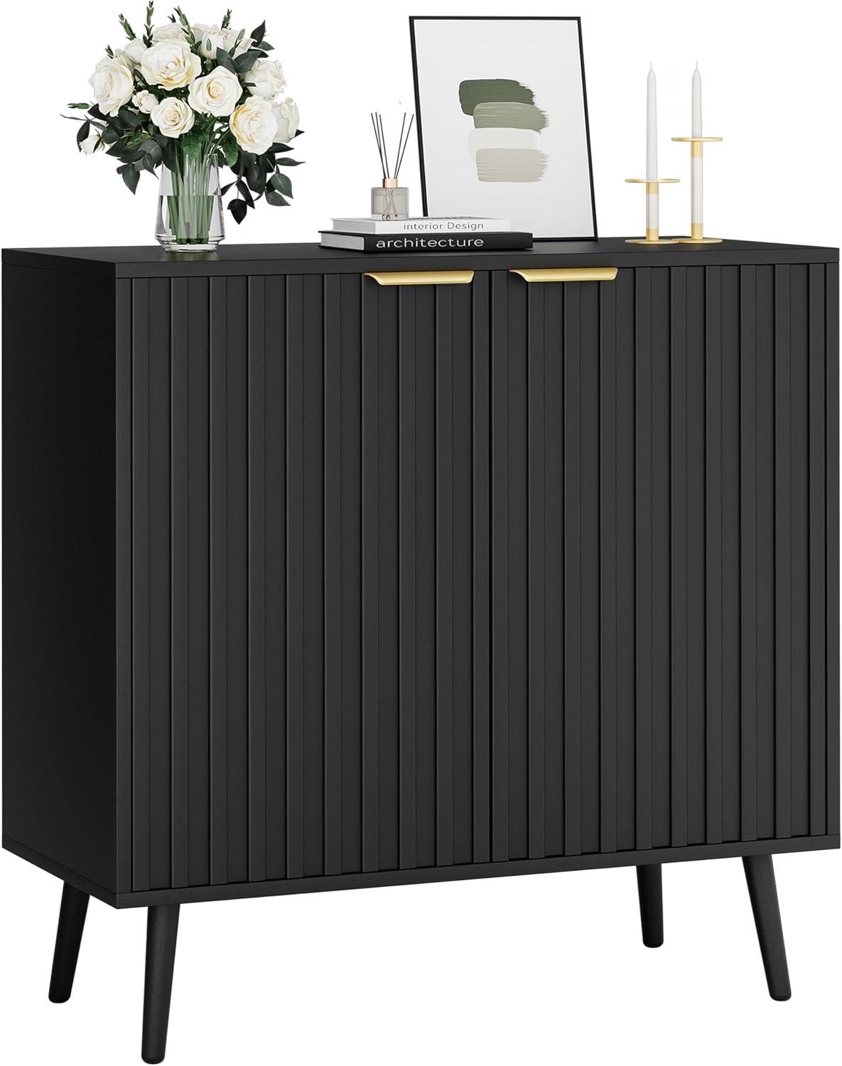 Vrullu Modern Storage Cabinet, Black Sideboard and Buffet Storage, Wood Accent Cabinet for Living Room, Hallway, Entryway, Dining Room (1, Black+Gold)