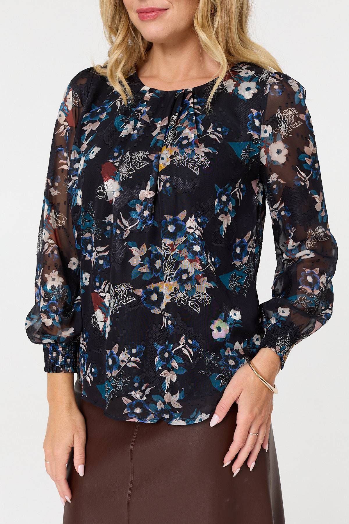 Izabel London Floral Semi Sheer Long Sleeve Blouse