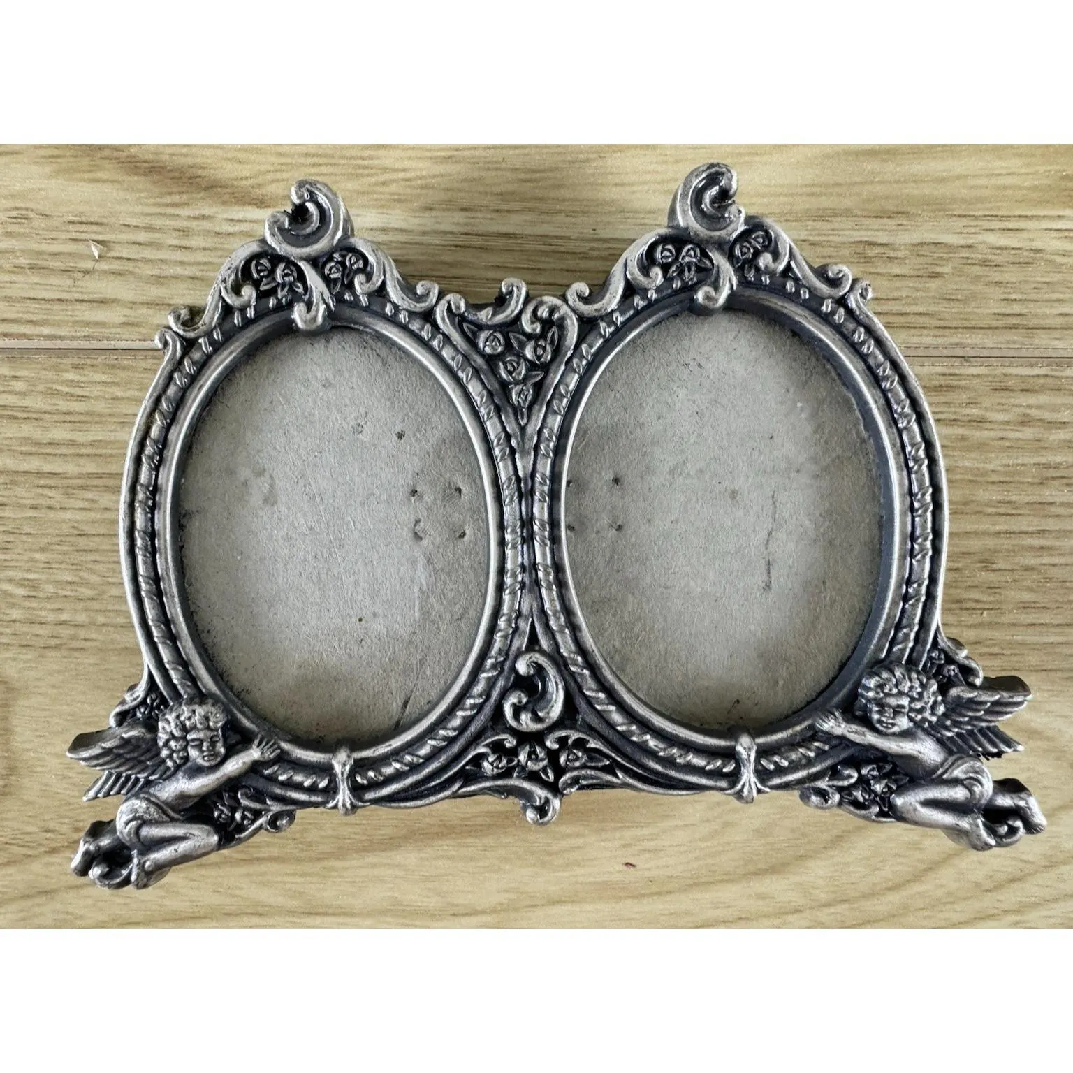 Vintage Burnes of Boston Pewter Double Oval Picture Frame Cherub Angel Ornate