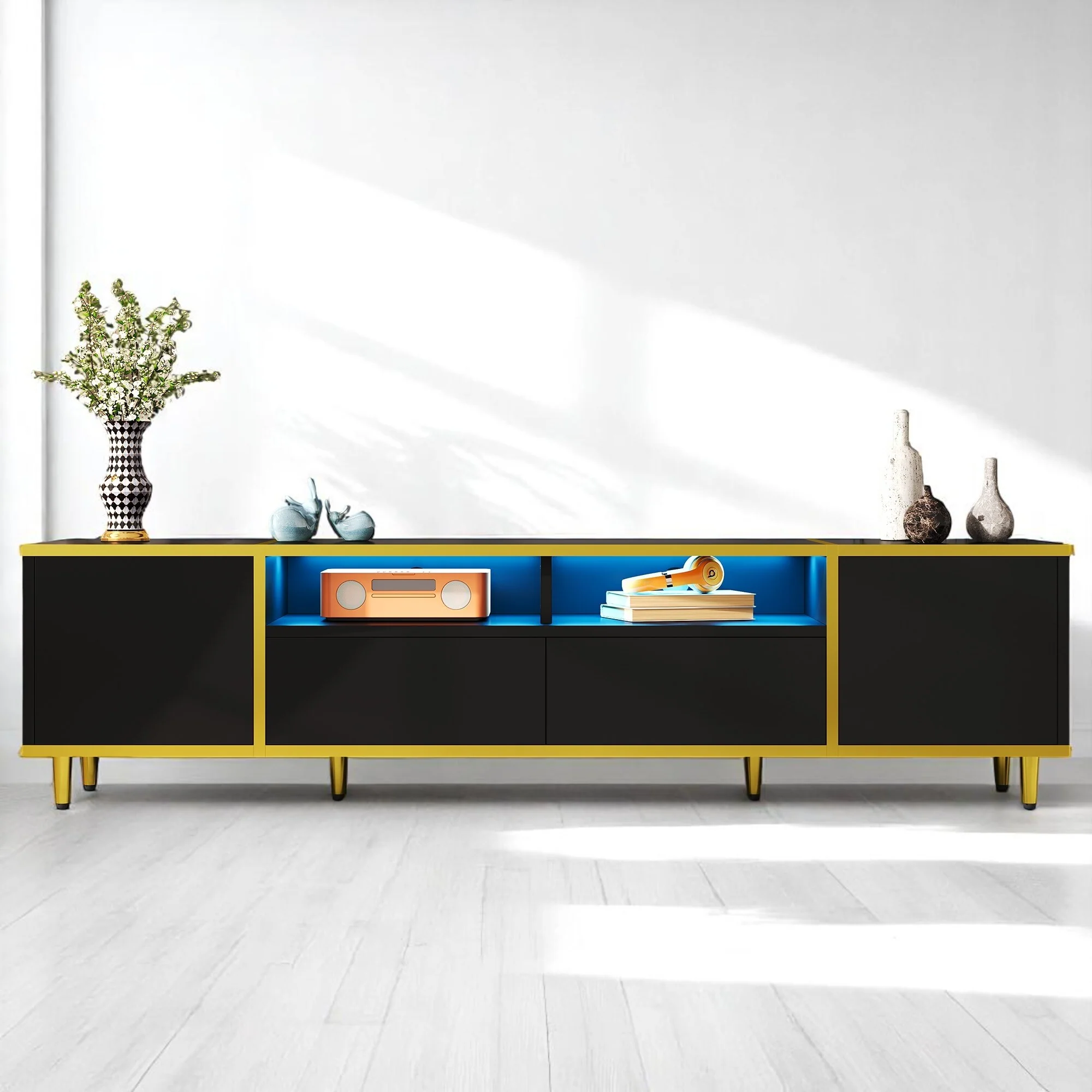 70.9 TV Stand with LED Lights,Drawers, Cabinets & Open Shelves,Entertainment Console Center for TVs up to 75,storage cabinets