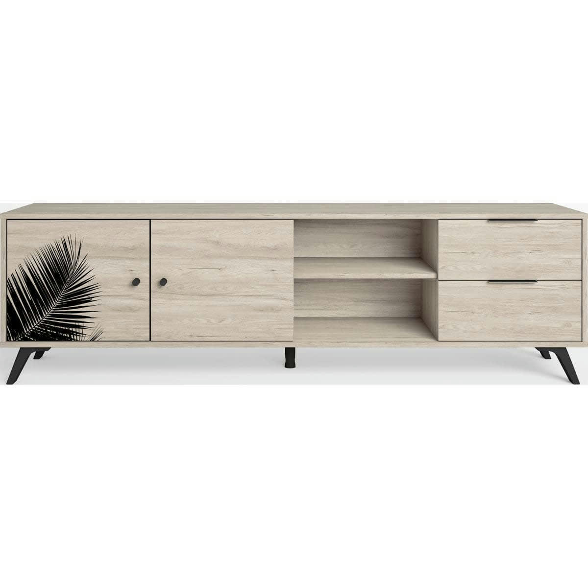 NEWARK - Meuble TV 2 portes 2 tiroirs effet bois et motif feuille 180 cm