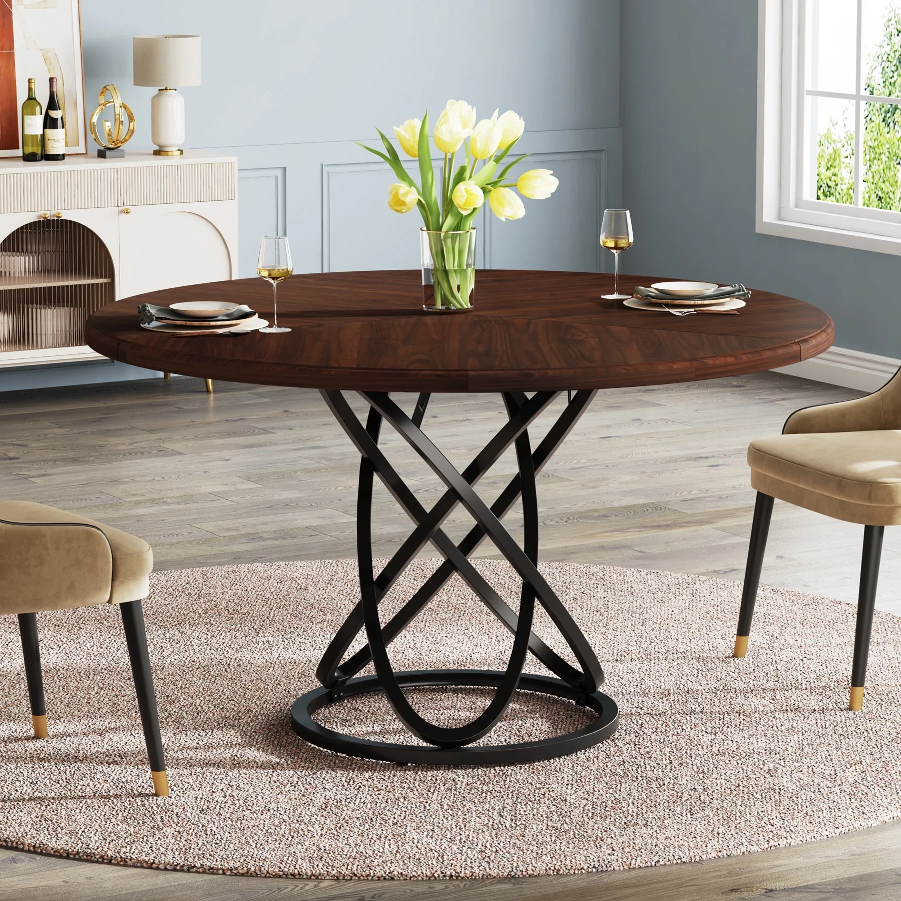 Round Dining Table for 4, 47 Inch Dinner Table Circle Kitchen Table with Metal Base