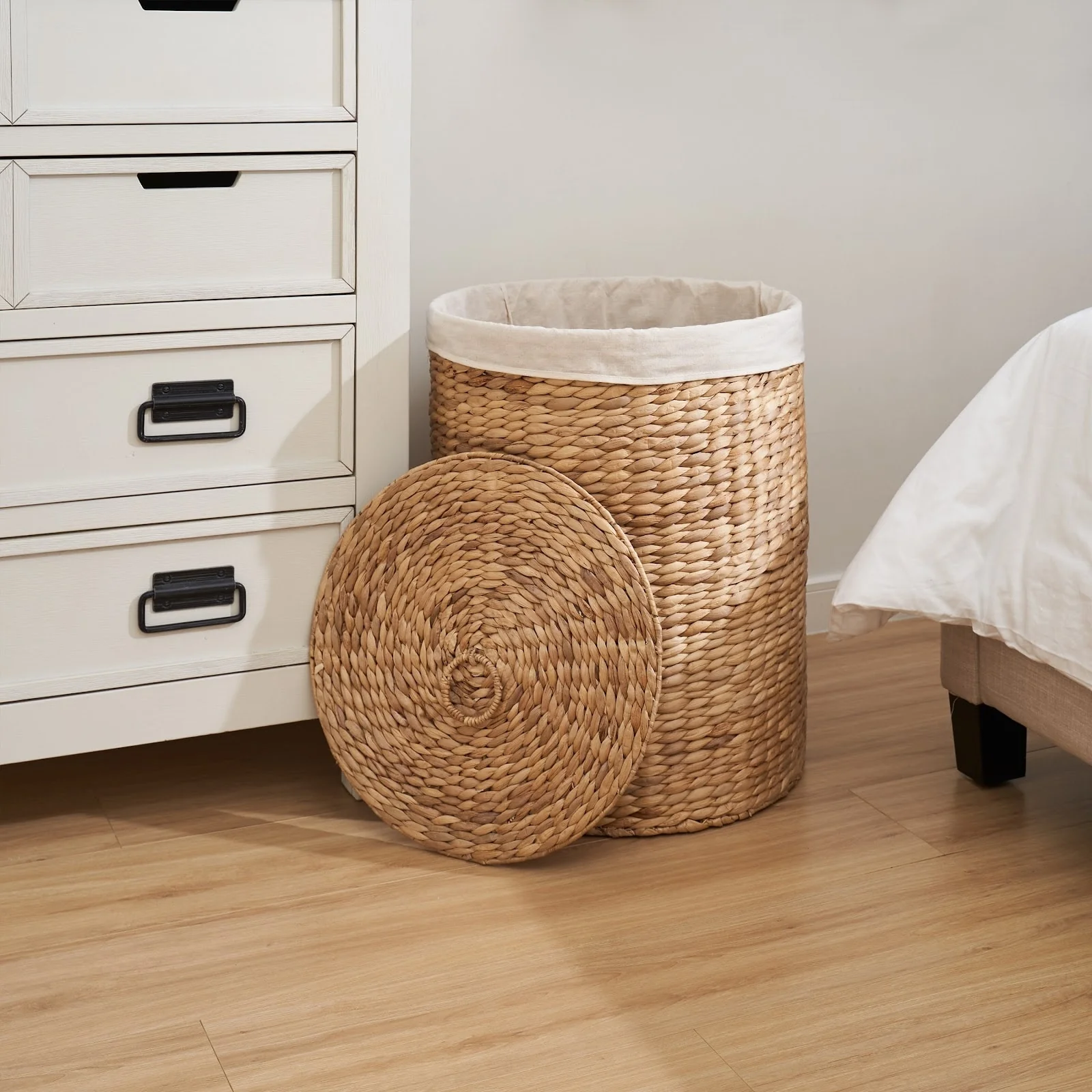 Ludmilla Round Tall Water Hyacinth Woven Wicker Laundry Hamper with Lid 15 x 15 x 20 - Natural Brown - 15 x 15 x 20