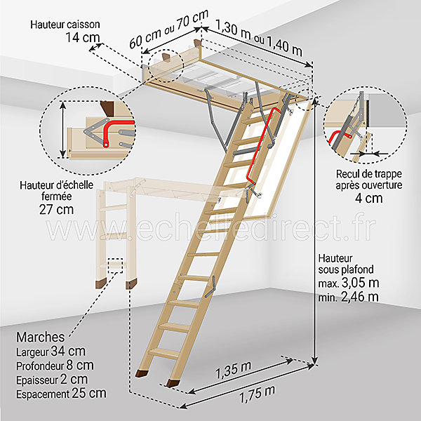 Echelle escamotable bois - Trémie de 60 x 130cm - Hauteur de 2.46 à 3.05m - LWK60130-3