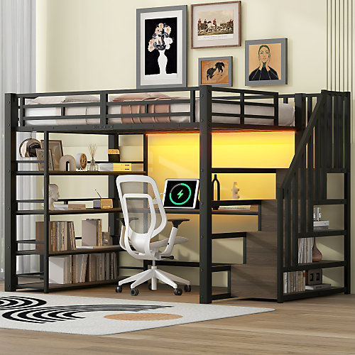 Lit mezzanine en métal 140x200cm - Avec bureau et compartiments de rangement - Avec LED et port USB - MDF - Noir (sans matelas)