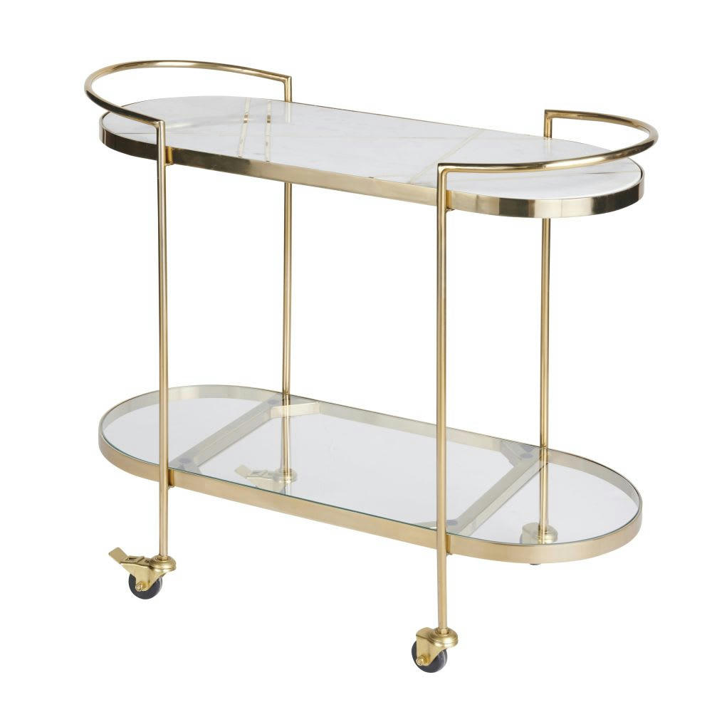 - Desserte en métal doré, marbre blanc et verre