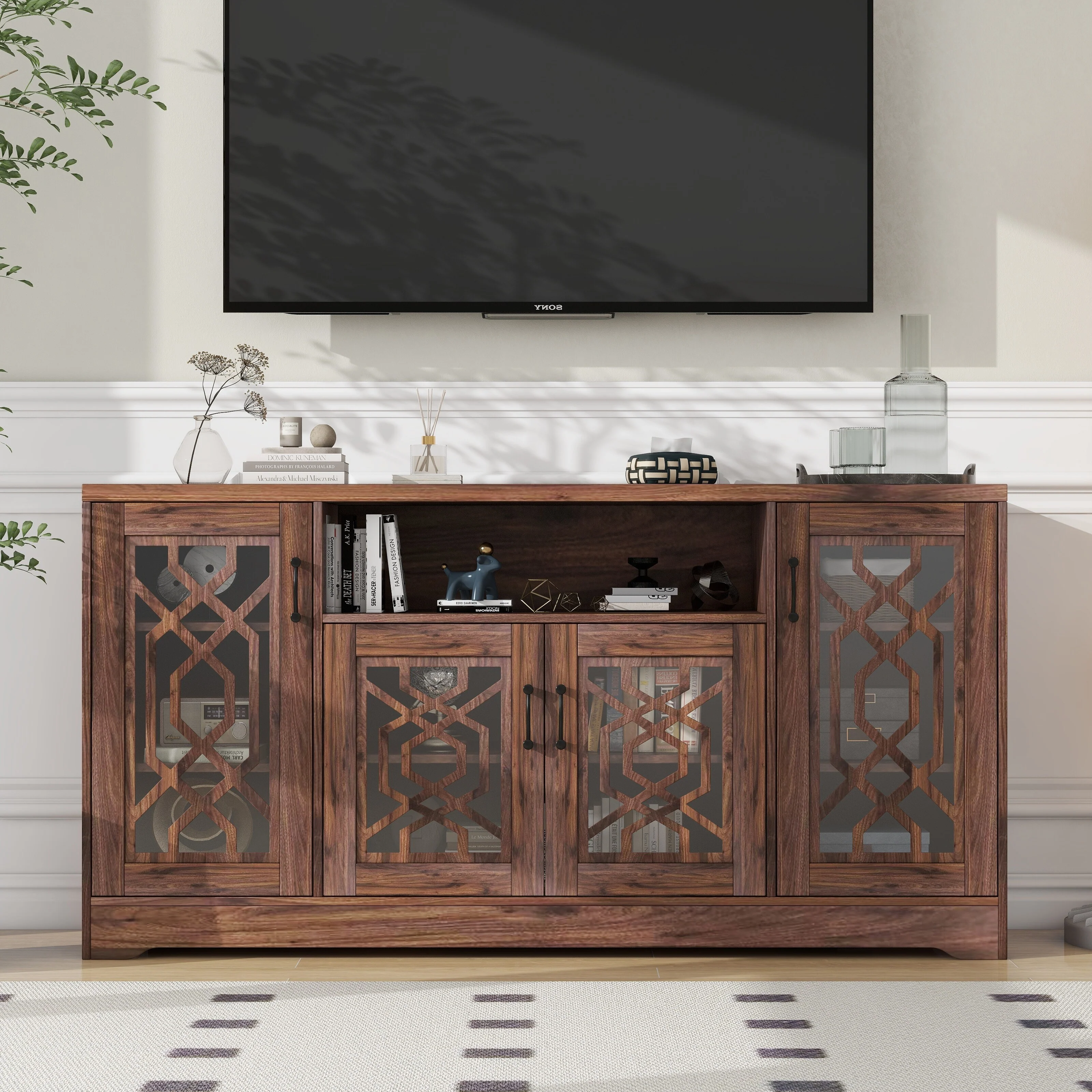 Walnut 61.38 Rustic TV Stand with Glass Doors & Shelves
