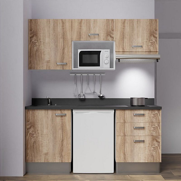 Kitchenette K20 - 180 cm - façades Bois - Plan monobloc en quartz coloris Nero évier à gauche