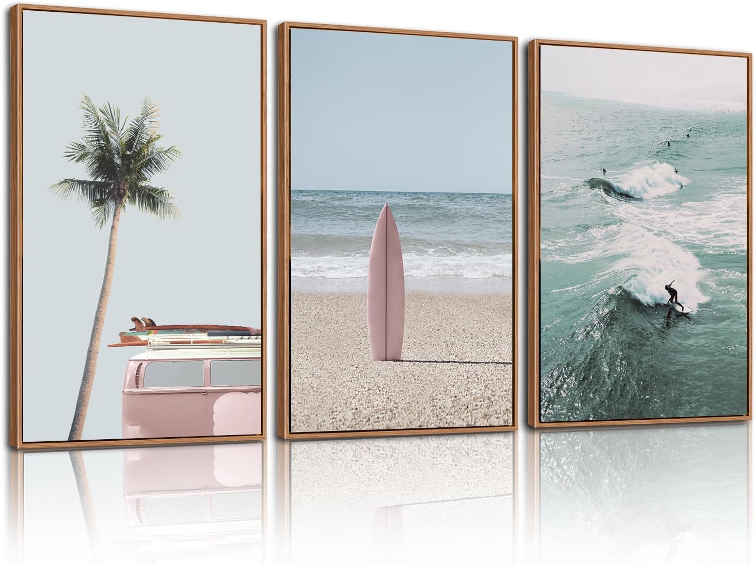 CHDITB Ocean Beach Framed Canvas Wall Art Set, Coastal Surfboard Wall Decor,Summer Coconut Tree Sea Wall Painting, Modern Surfing Art Prints for Living Room, Bedroom, Office- Large Size 24x36x3