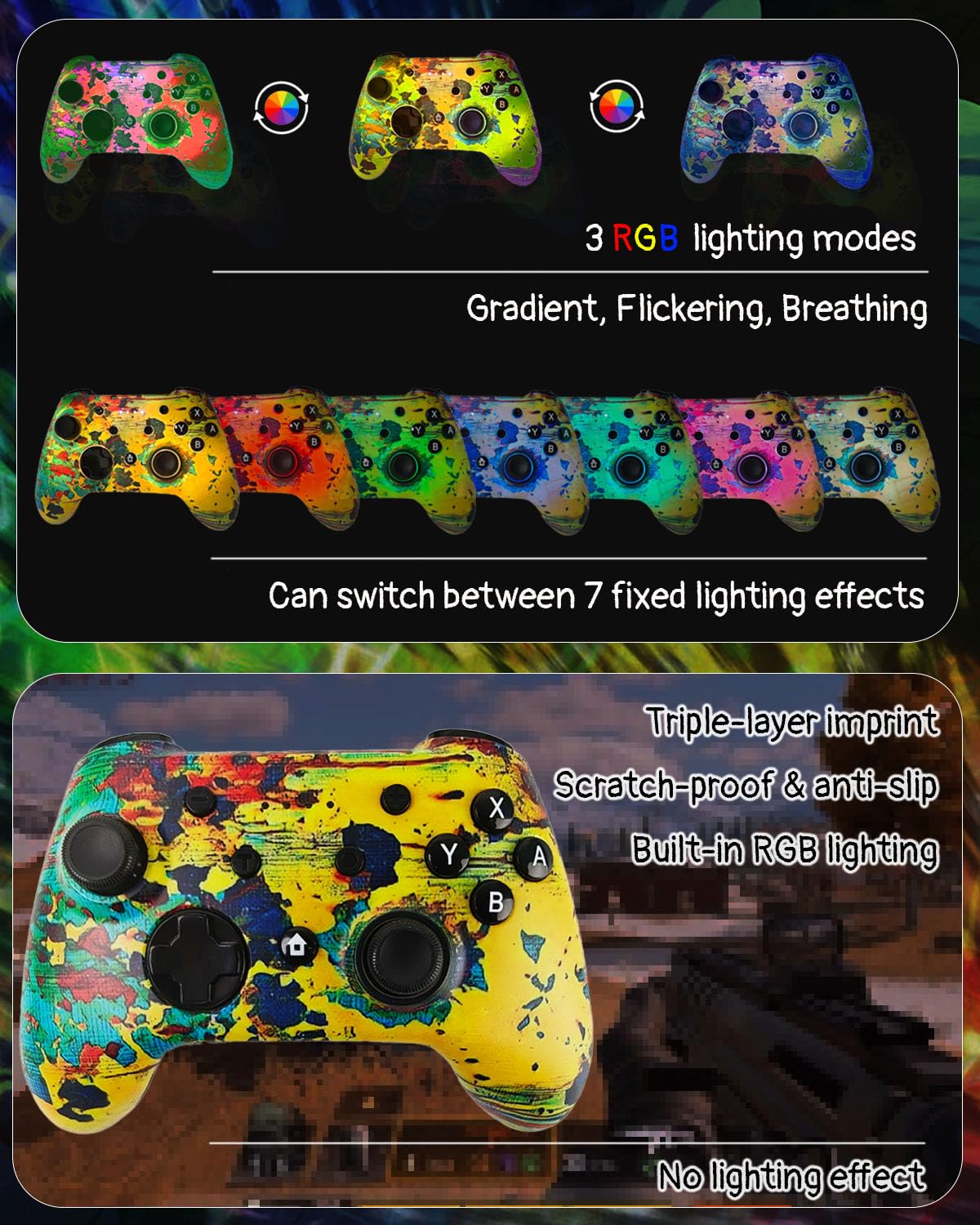 Wzuiсov RGB Wireless Game Controller for Switch/PC/iPhone/Android - Bluetooth & USB-C Wired with Phone Mount, USB C to A Adapter, Tablet, TV Box & Tesla Compatible