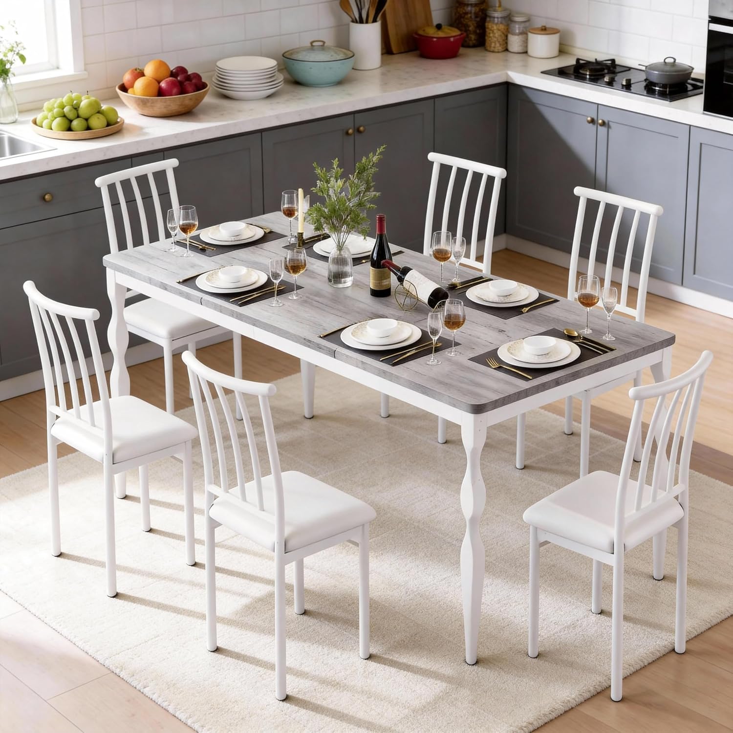 78 Modern Dining Table with Heavy-Duty Metal Legs, Farmhouse Kitchen Table for 6-8 Family, Gray Wood Top with Spindle Design for Dining Room, Home Office, Apartment