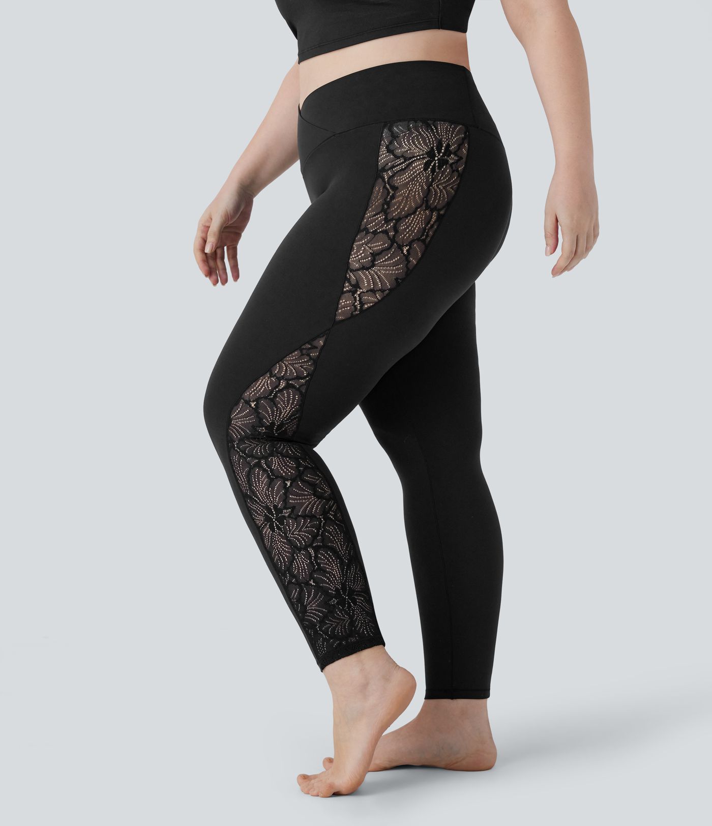 Legging de yoga 7/8 grande taille taille haute avec dos croisé en dentelle contrastante et poche arrière Softlyzero™-UPF50