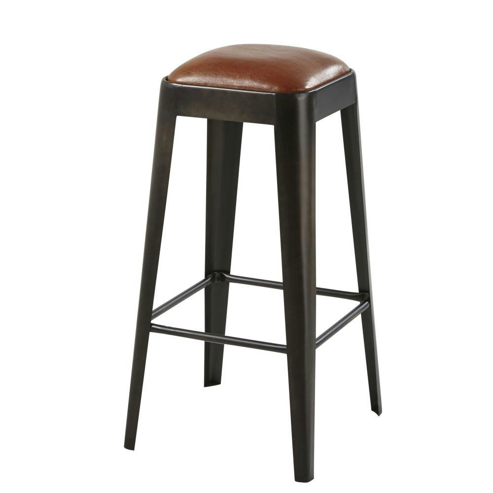 Manufacture - Tabouret de bar en cuir marron et métal noir