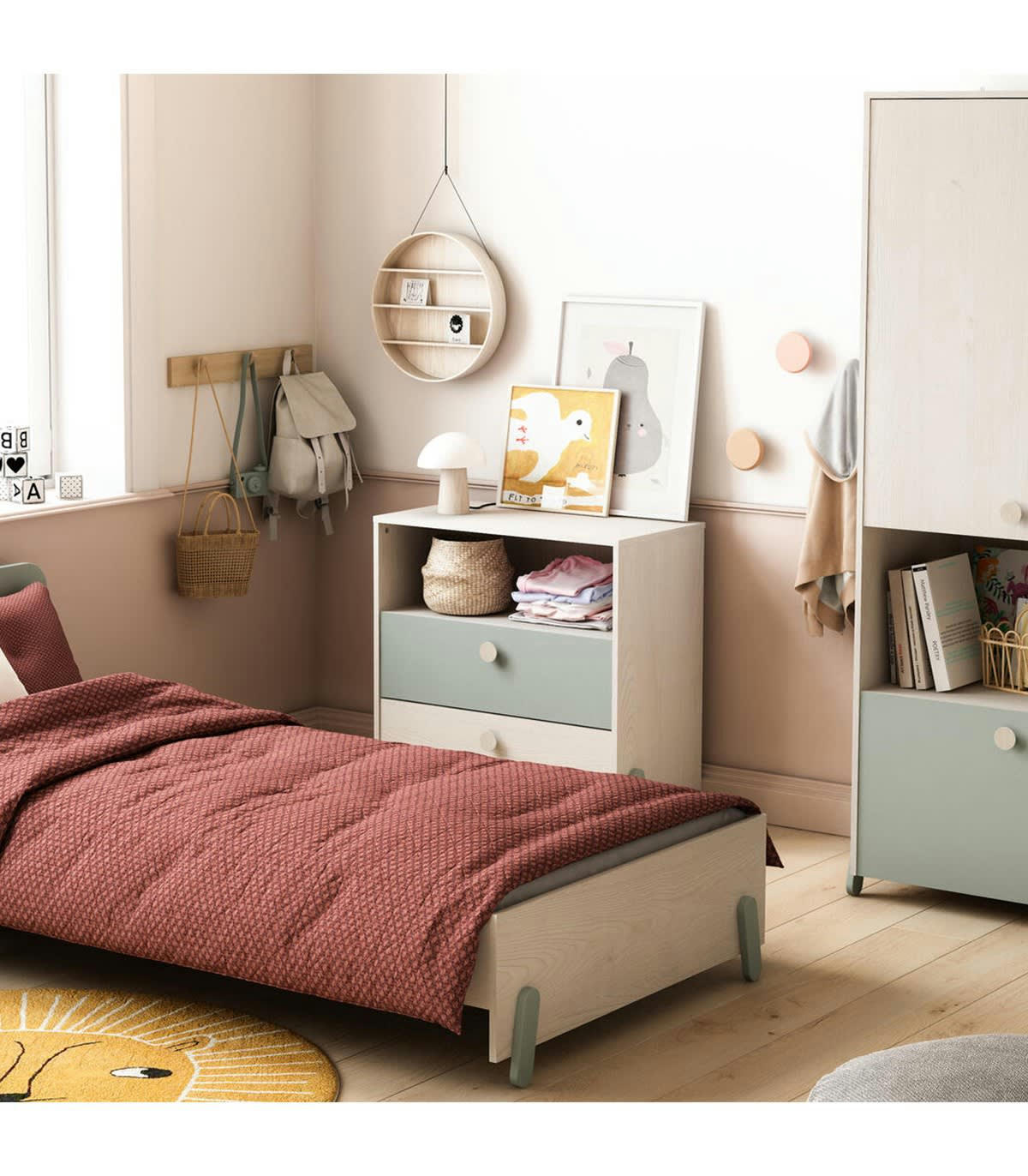 ILIAN - Commode Enfant 2 Tiroirs 1 Niche - Vert de Gris et Bois Clair