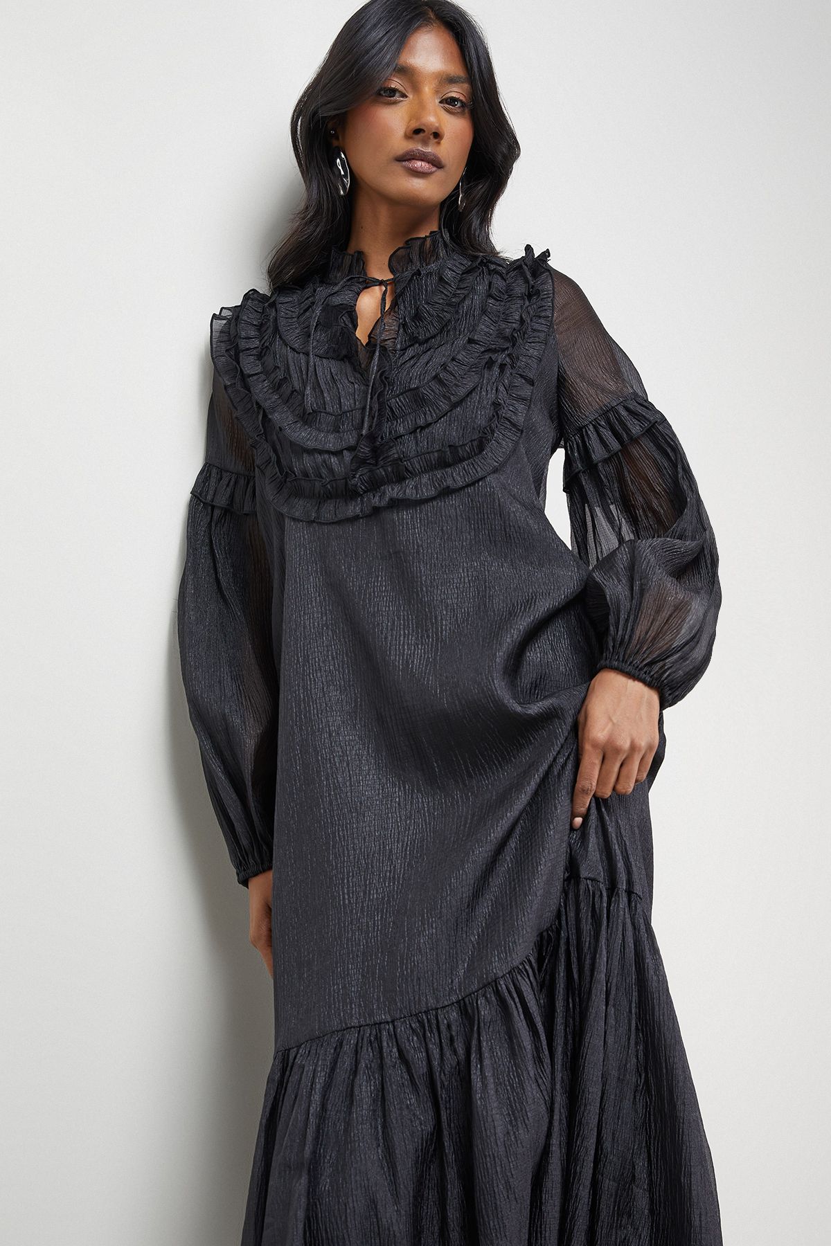 Warehouse Premium Crinkle Stripe Organza Frill Pleat Detail Midi Dress