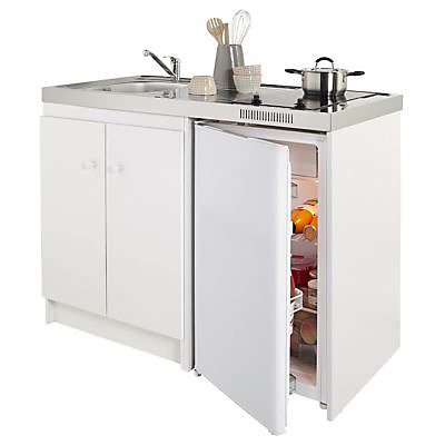Kitchenette Simply blanche, caisson   plan de travail   évier   frigo   plaque vitrocéramique