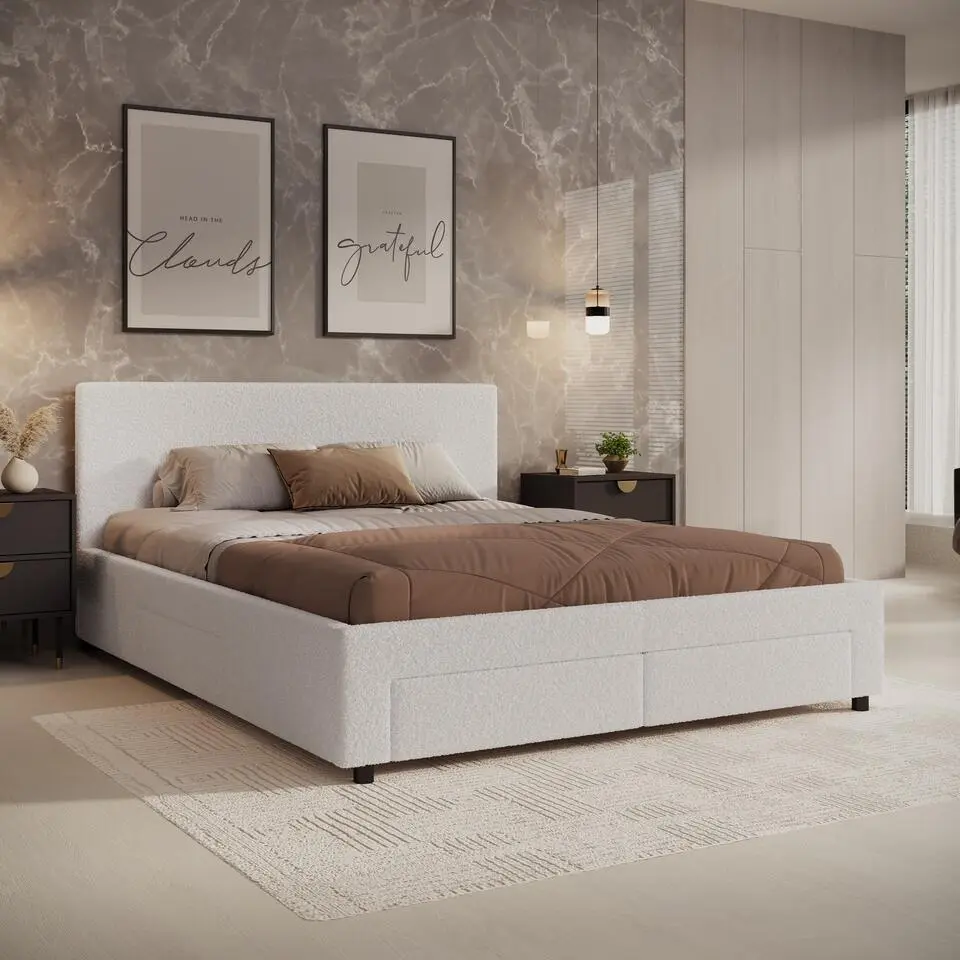 Meubella - Tweepersoonsbed Suente - Wit Teddystof - 160x200 cm