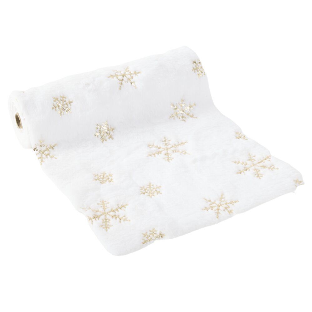 Chemin de table tissu polaire imprimé étoiles L300X28 cm blanc et doré
