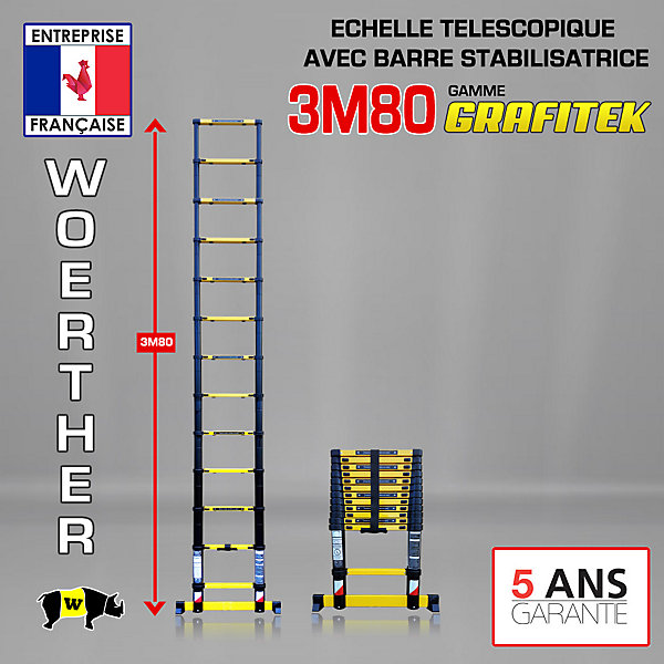 Echelle télescopique Woerther 3m80 avec barre stabilisatrice plus housse