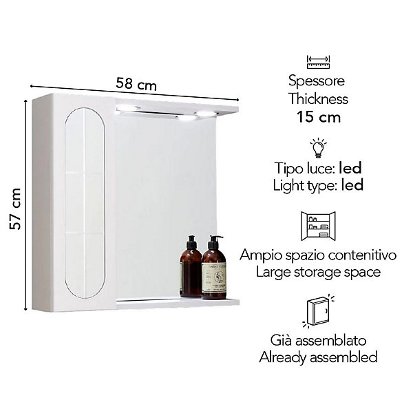Miroir De Salle De Bain Inglesina Blanc Avec Tablette Inférieure, Unité Murale Droite Et Spot Led