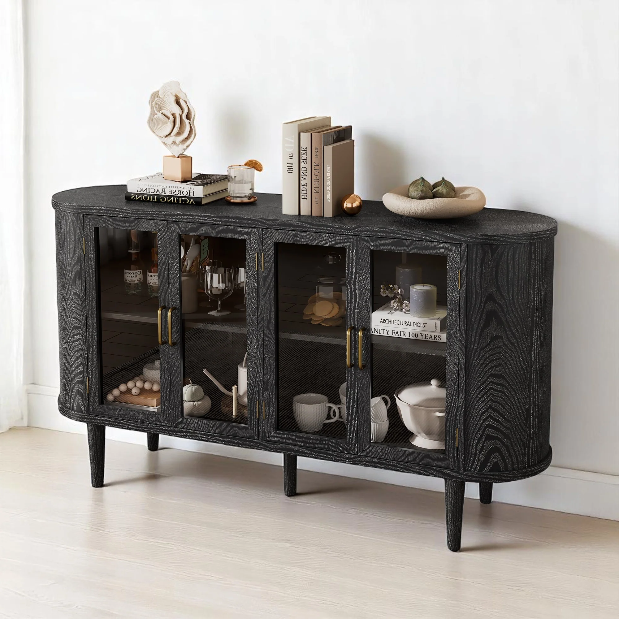 Modern Farmhouse Sideboard Buffet Cabinet with Tempered Glass Doors, Adjustable Shelves,Cable Management, 60 Storage Console