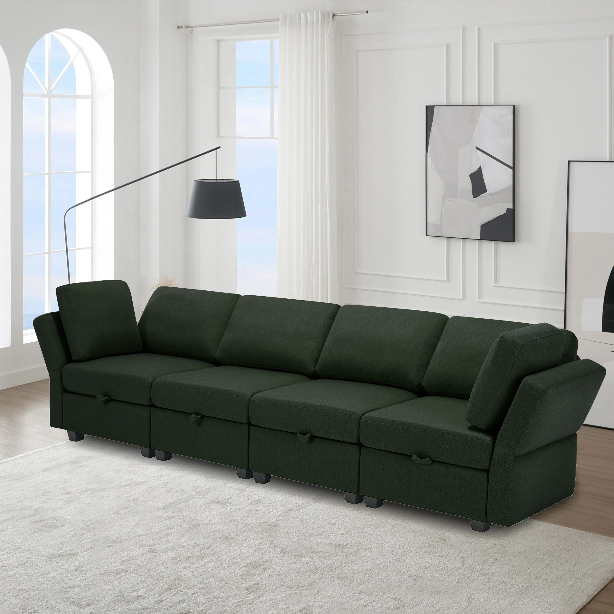 Green 113.8'' Polyester 4 Seater Modular Sectional Sofa Couch with Storage, Customizable, Adjustable Arms and Backs