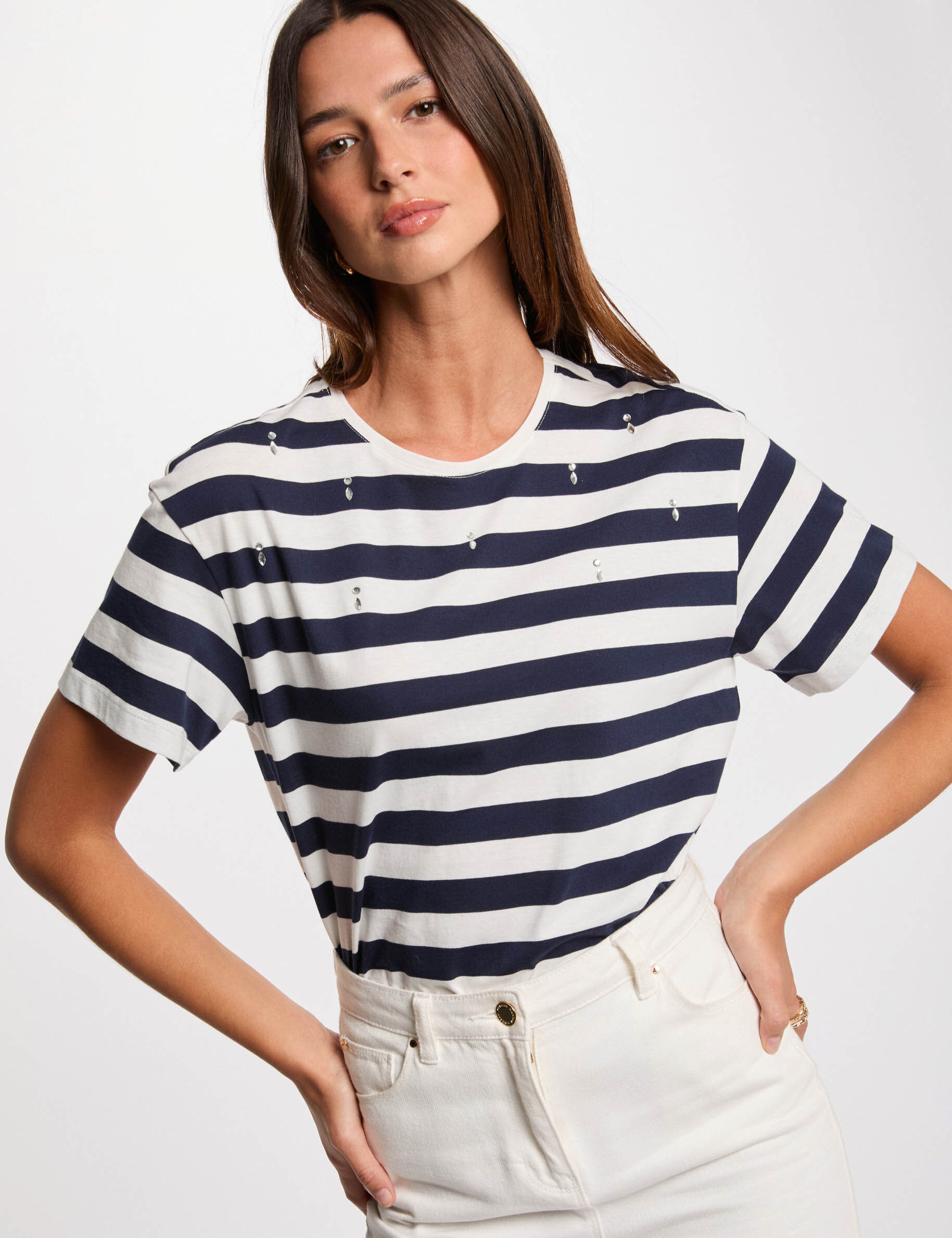 Striped Short Sleeve T-Shirt White Women