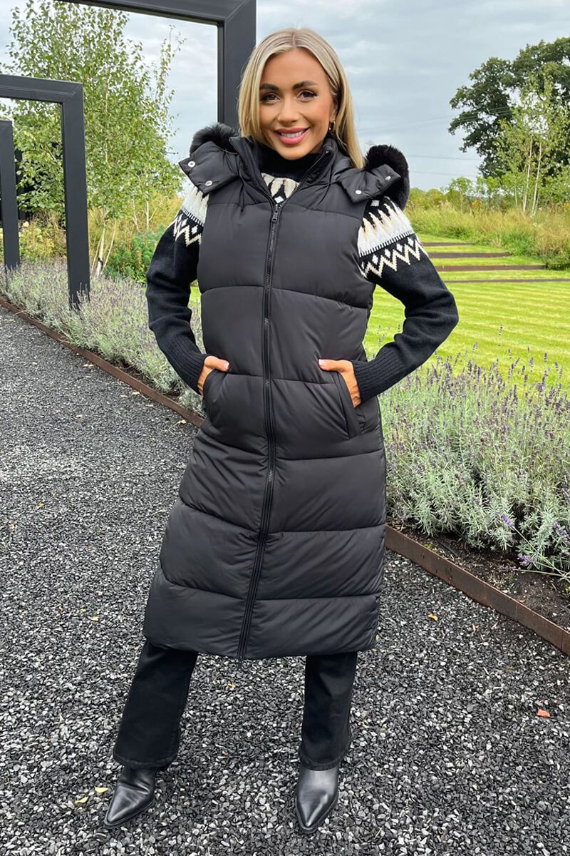 AX Paris Black Faux Fur Hooded Longline Padded Gilet