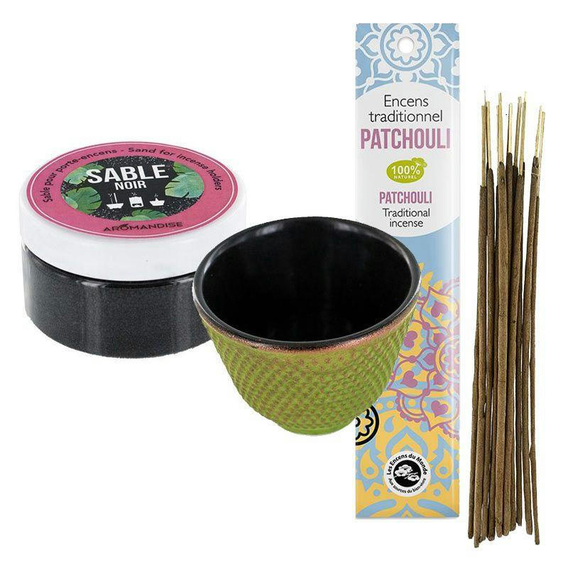 ZEN - Porte-encens coupelle en fonte verte + sable noir + encens indien