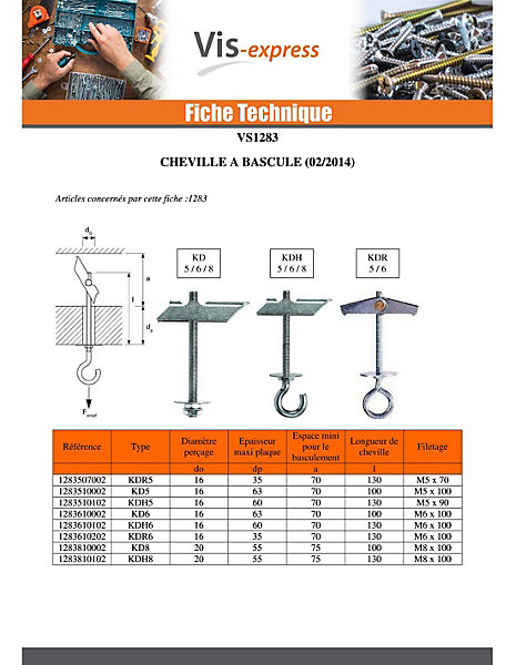 Cheville à bascule Fischer M6X100 Acier zingué KD6 - 25 pièces