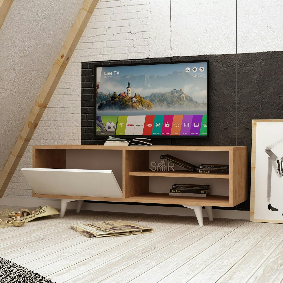 Meuble TV moderne décor bois et blanc 2 niches UMEA