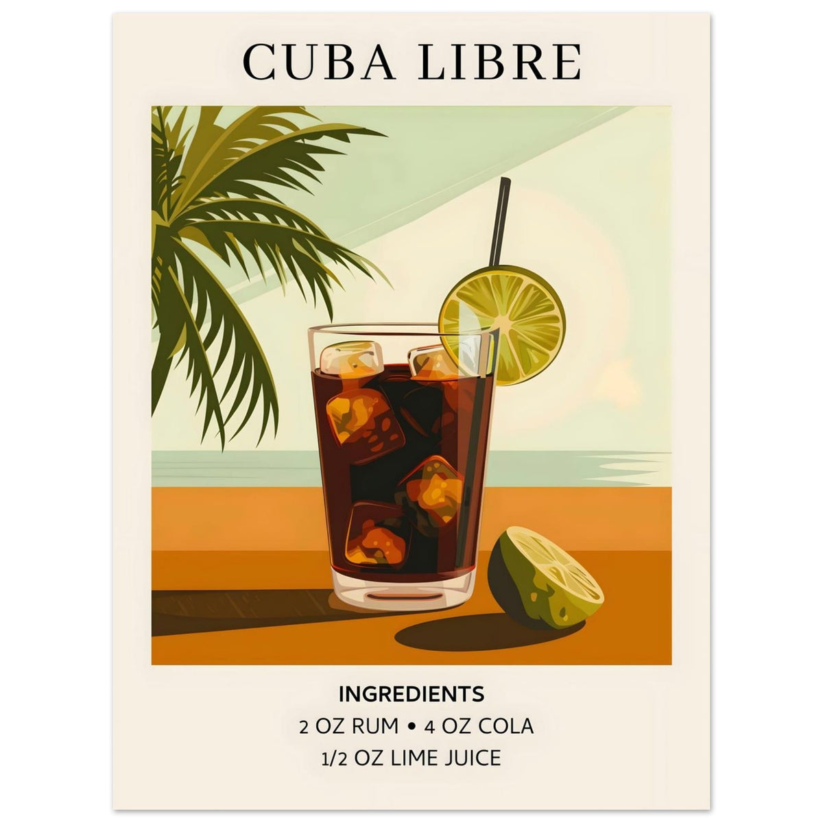 Artfulprints Poster Cuba Libre cocktail - Ingrediënten  - 30x40 cm - Bruin