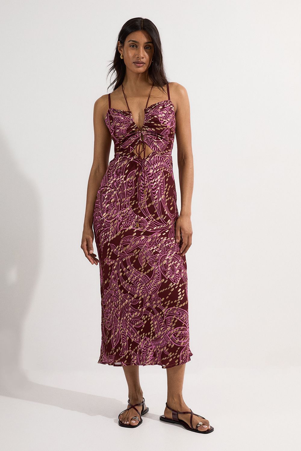 KarenMillen Viscose Sparkle Tie Detail Strappy Woven Maxi Dress