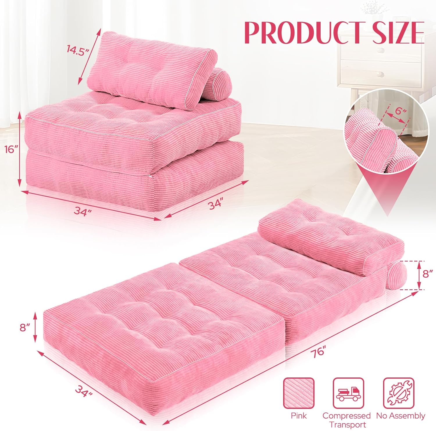 HABUTWAY Folding Sofa Bed, Convertible Sleeper Chair Bed w/Dual-Pillow & Handle, Foldable Floor Sofa Lounge w/Back Support for Living Room, Bedroom, Apartment, Office, Single, Pink