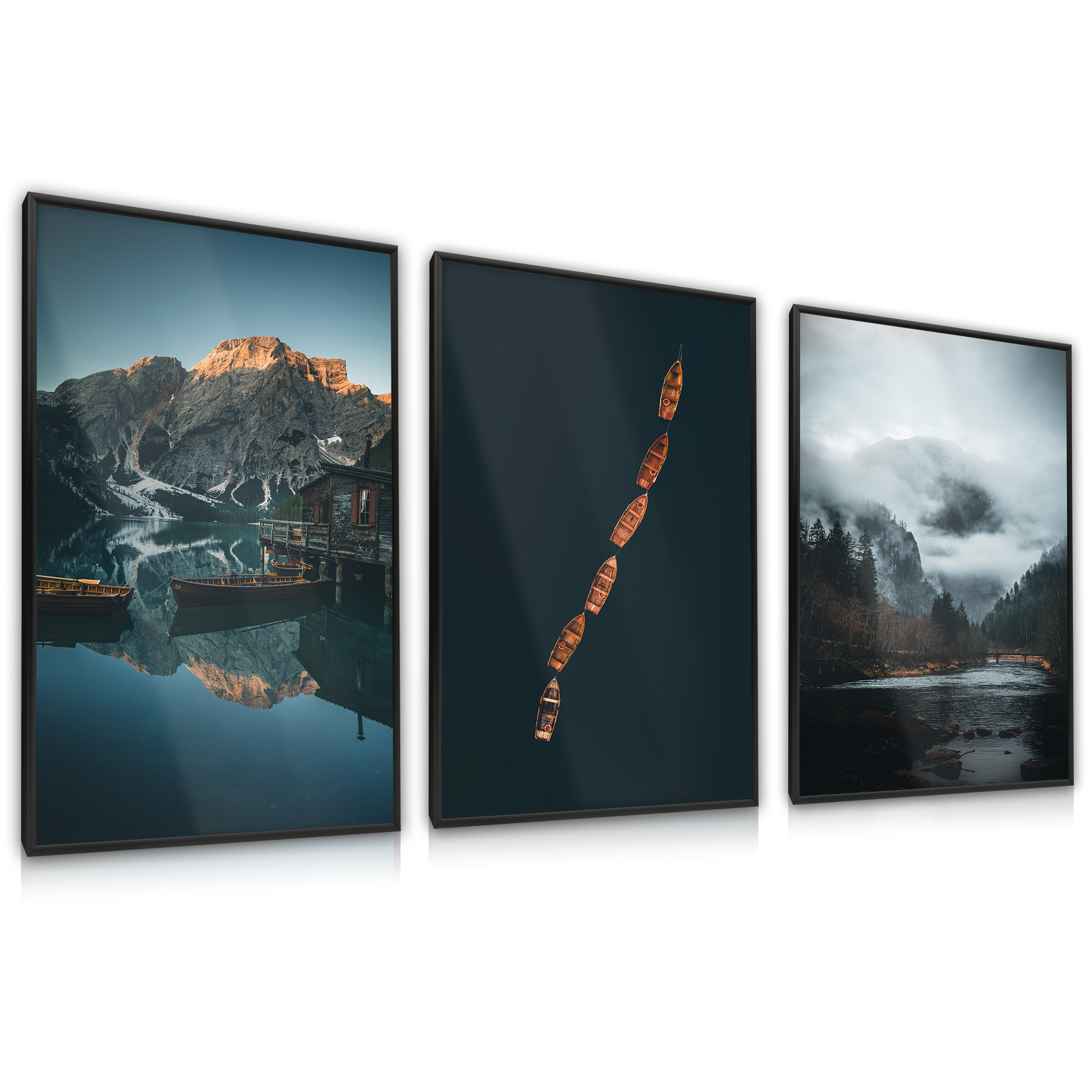 ZESTAW 3x Plakat Łódki Na Górskim Jeziorze Efekt 3D 30x40cm