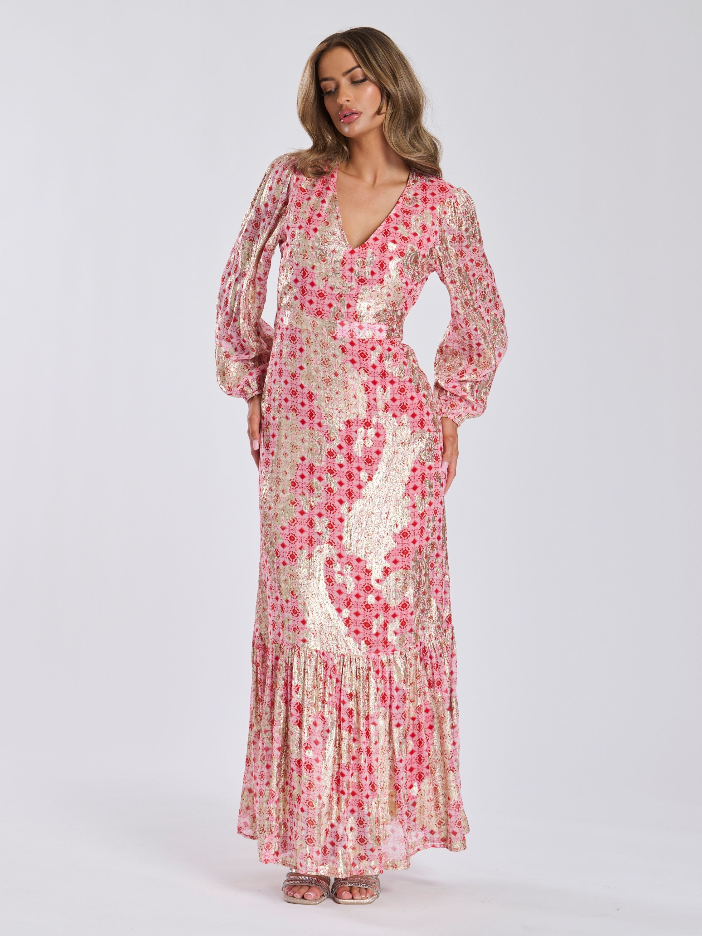 Finding Friday Metallic Printed Balloon Sleeve Maxi Dress