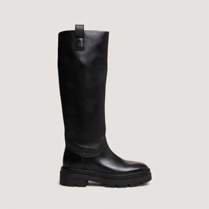 Bottes à semelles crantées et bouts carr...en cuir noir | PICUSSIA