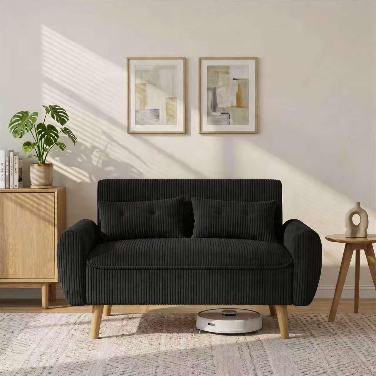 Shintenchi Small Modern Loveseat Couch Sofa, Mid Century Fabric Upholstered 2-Seat Sofa Couch Love Seats Furniture for Small Space,Living Room,Studio,Apartment with 2 Pillows,Black