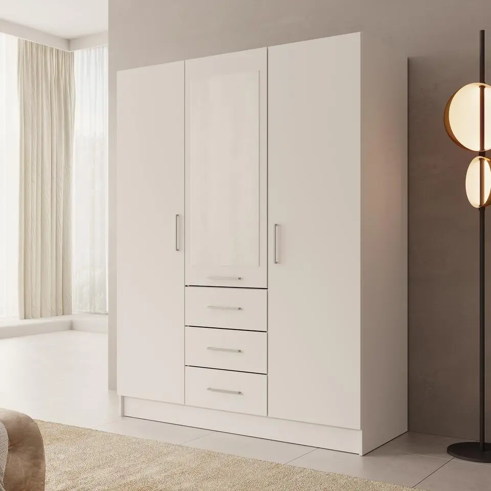 Meubella - Komodo - Kledingkast met 3 deuren - Wit - 150x61x201 cm