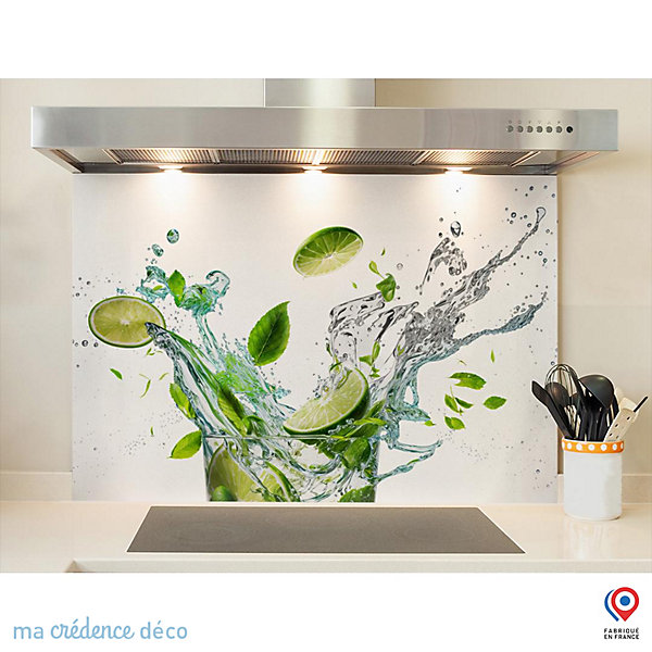 Crédence cuisine fond de hotte Splash, Citrons verts et menthe - Verre trempé - L 90 cm x H 50 cm - MaCrédenceDéco