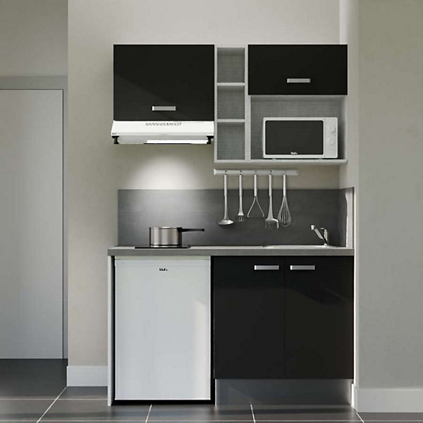 Kitchenette K13 façades Noir - Plan de travail Gris béton - Crédences : Oui - Evier inox - Electroménager Blanc inclus