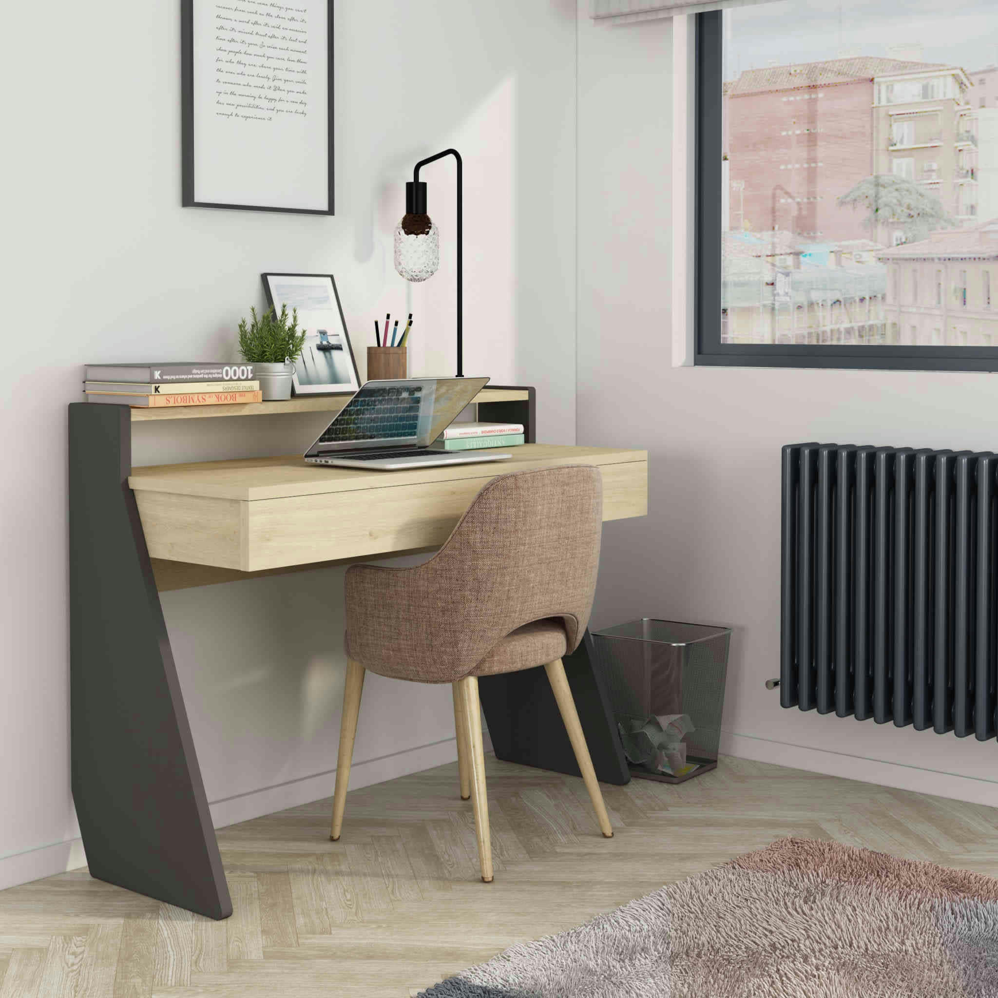 - Bureau avec tiroir en bois imitation chêne naturel et gris