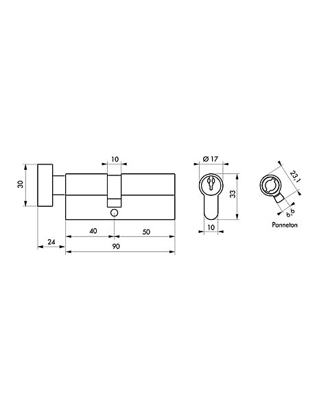 Cylindre STD à bouton 40B x 50 mm anti-arrachement, laiton, 3 clés - THIRARD