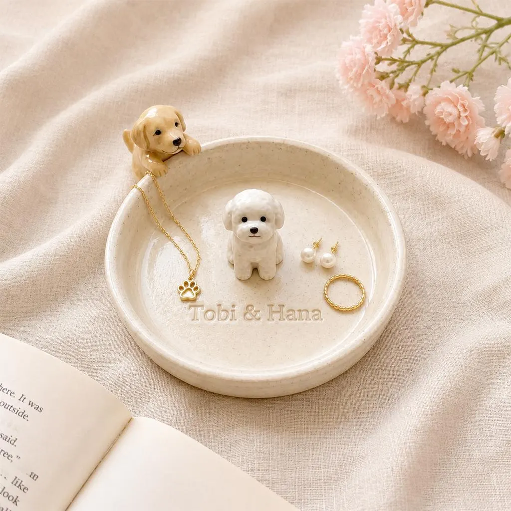 Handmade Ceramic Pet Ring Dish, Custom 3D Dog Figurine Jewelry Tray