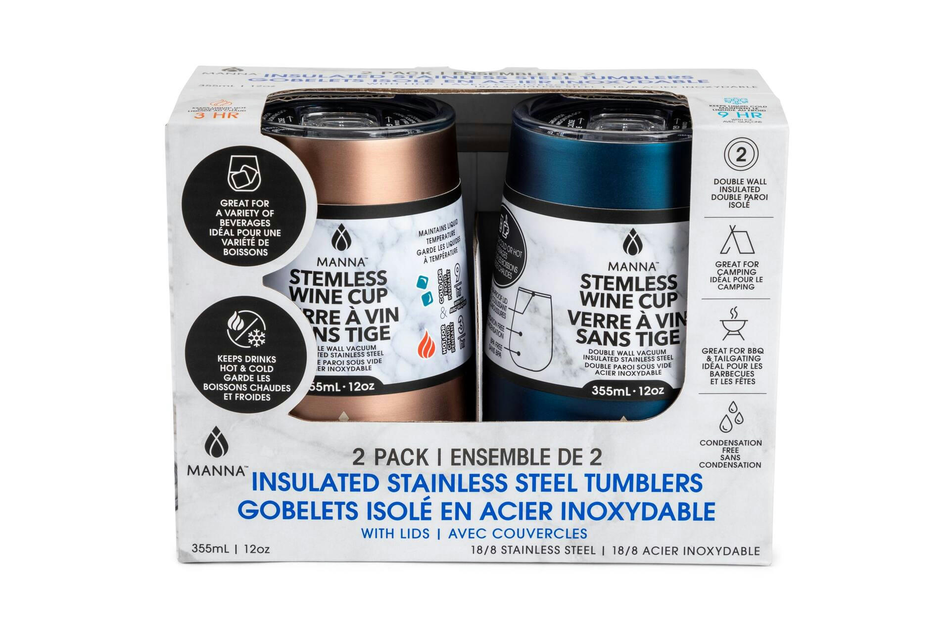Manna Insulated Stainless Steel Stemless Wine Tumbler, 355-ml, 2-pk