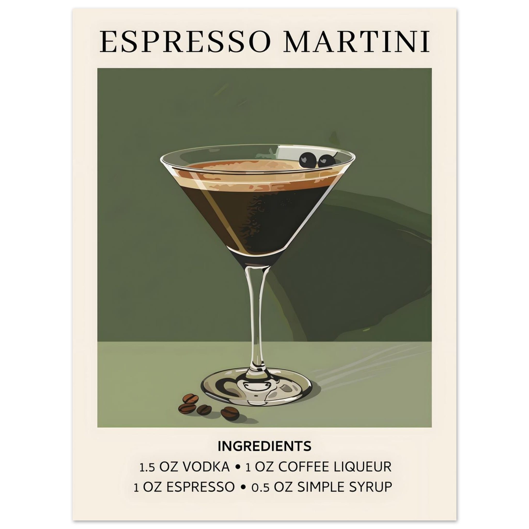 Artfulprints Poster Espresso Martini cocktail - Ingrediënten  - 30x40 cm - Donkergroen